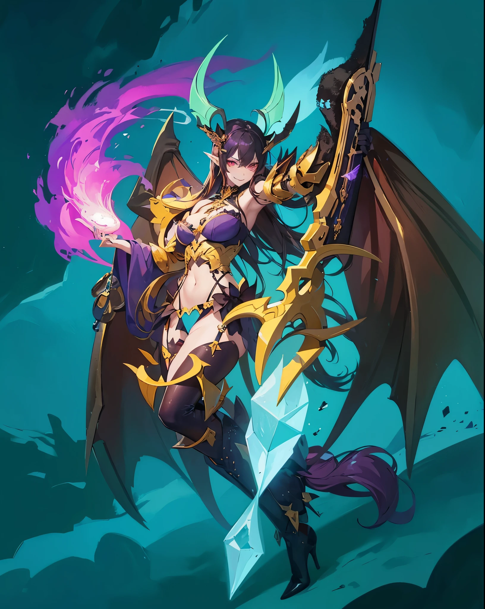 portrait,solo person,a beauty girl,Hair over the shoulder,succubi,Happy,pointy ears,goat horn,high-heels,Put your hand to your mouth,Crossed waist with one hand,Whitish skin tone,Bow collar,比基尼,grin,Magic pupil,a garter belt,The demons,The demons翅膀,Bat wings growing on the back,Crop topping,Sexy dressing,underwear