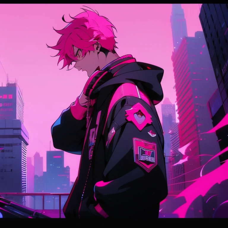 (short-cut), (Two-block hair), (vivid pink hair), (male character), (Red Eyes), (Cool pose), (of the highest quality), (masterpiece), (ultra-detailliert), (Oversized hoodies), (Street), (neons), (Camera from a down angle), (Modern City), (neonsデイライト), (Cinematic), (Stylish), (hight resolution), (Hyper Detailed), (Looking at the camera), (Anime-style), (Softtown), (nightcore), (a handsome man), (Listening to music through headphones), (natural appearance of the building), (casual), (ig studios anime style), (Super beautiful angle of view),