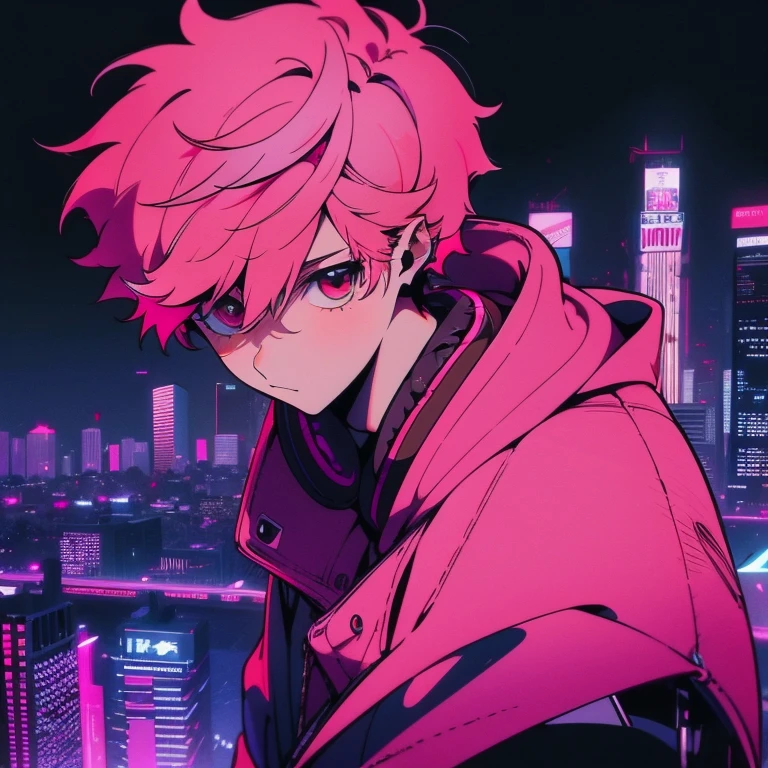 (short-cut), (Two-block hair), (vivid pink hair), (male character), (Red Eyes), (Cool pose), (of the highest quality), (masterpiece), (ultra-detailliert), (Oversized hoodies), (Street), (neons), (Camera from a down angle), (Modern City), (neonsデイライト), (Cinematic), (Stylish), (hight resolution), (Hyper Detailed), (Looking at the camera), (Anime-style), (Softtown), (nightcore), (a handsome man), (Listening to music through headphones), (natural appearance of the building), (casual), (ig studios anime style), (Super beautiful angle of view),