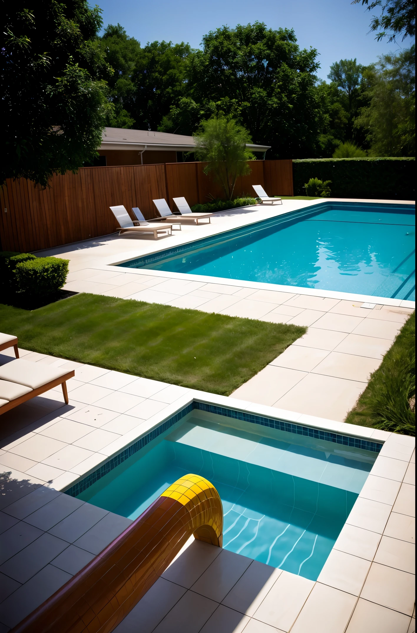 David Hockney style midcentury modern home middle class suburban swimming pool photorealistic photographed from 3 feet above ground level, an anonymous tall slender tanned white 20 year old white man standing on the far side of the pool, his head leaves the frame of the photograph, he has an enormous flacid penis and a large sculptural beard,