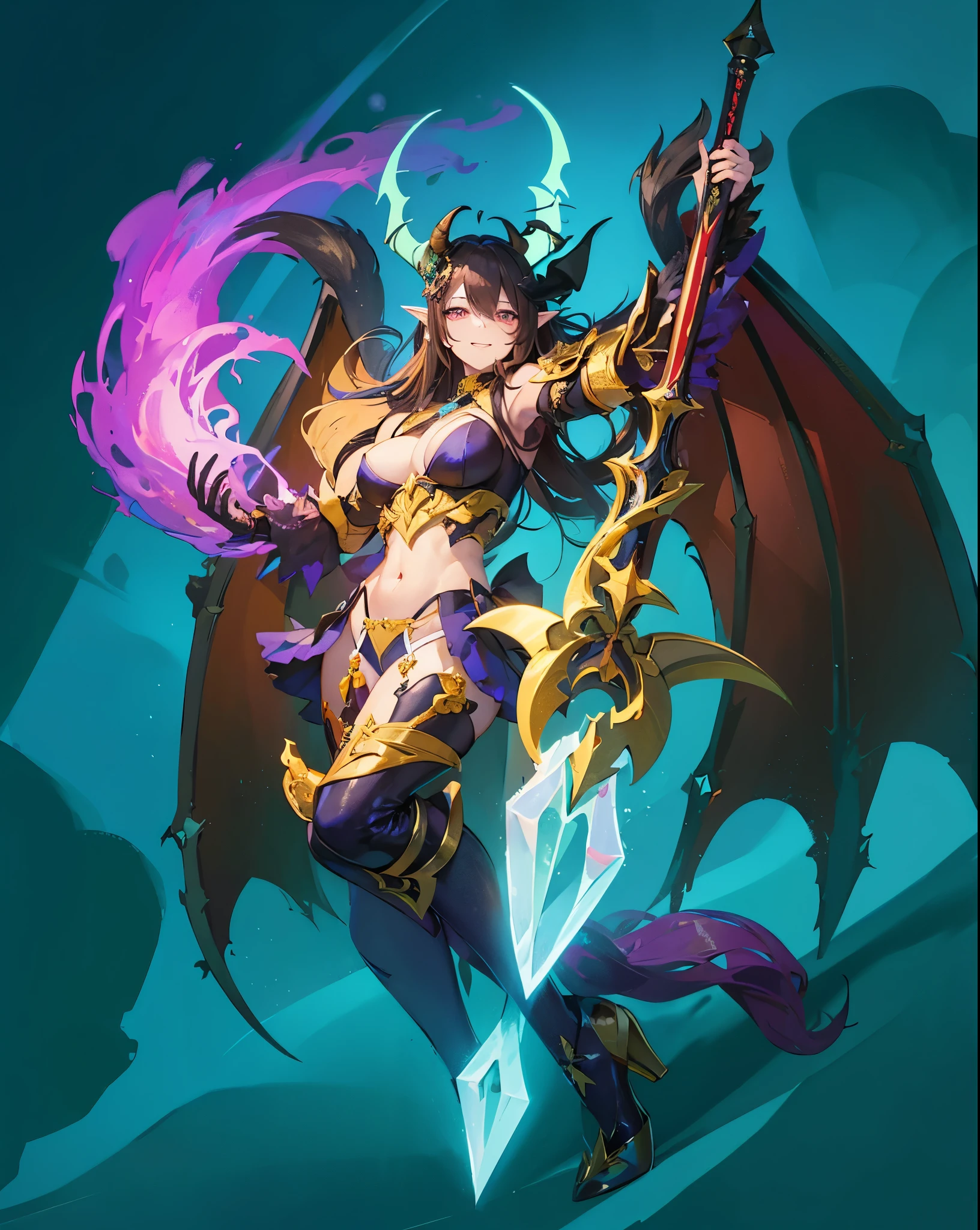 portrait,solo person,a beauty girl,Hair over the shoulder,succubi,Happy,pointy ears,goat horn,high-heels,Put your hand to your mouth,Crossed waist with one hand,Whitish skin tone,Bow collar,比基尼,grin,Magic pupil,a garter belt,The demons,The demons翅膀,Bat wings growing on the back,Crop topping,Sexy dressing,underwear
