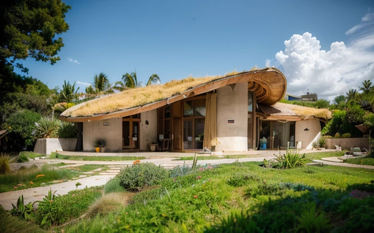 A photograph of a symmetrical contemporary house with (((one hyperbolic paraboloid green roof))) and (((biological pool))) and (((base wall rock foundation))) in a tropical backyard, high roof and long eaves, mustard yellow terracota plaster walls (((rustic clay stucco))), ((corner walls rounded)), ((rustic clay plaster)), (((terracotta walls with rounded corners, organic curves))), (((rustic earth plaster, mud))), (((hyperbolic-shaped green roof with wooden edge))), (((wooden roof structure, wooden rake, wooden fascia board))), eaves, ((roof with wooden structure)), In Bahia (((tropical garden))), ((natural houses, organic buildings, organic architecture)), ecovillage, sustainable architecture, bioconstruction architecture, solarpunk architecture, (((grass roof, green roof, green wave roof, rounded roof, vegetated roofs))), (((rock base foundation wall, foundation height 30cm, stone base wall 30cm high))), ((green architecture)), passive house, clear sky in the background, painful beauty, modern, imposing, green house, ((Bali hobbit Hadid Style)), super resolution, cinematic, color grading, editorial photography, photography, photo shoot, (((dramatic front eye top angle view))), O 50mm, depth of field, intricate details, natural colors, sharp focus, warm light, shutter speed 1/1000, F/22, White Balance, Ray Trace Reflections, Lumen Reflections, Screen Space Reflections, Diffraction Rating, Chromatic Aberration, GB Shift, Partial Lighting, Backlighting, Daylighting, Scan Lines, ambient occlusion, antialiasing, shaders, OpenGL-Shaders, GLSL-Shaders, Post-processing, post-production, shading, tone mapping, incredibly detailed and complex, hypermaximalist, elegant, hyperrealistic, super detailed, dynamic pose, Fujifilm XT