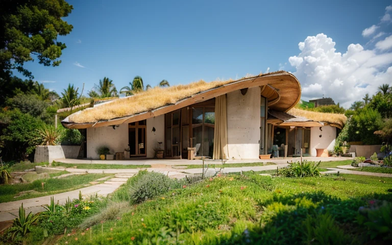 A photograph of a symmetrical contemporary house with (((one hyperbolic paraboloid green roof))) and (((biological pool))) and (((base wall rock foundation))) in a tropical backyard, high roof and long eaves, mustard yellow terracota plaster walls (((rustic clay stucco))), ((corner walls rounded)), ((rustic clay plaster)), (((terracotta walls with rounded corners, organic curves))), (((rustic earth plaster, mud))), (((hyperbolic-shaped green roof with wooden edge))), (((wooden roof structure, wooden rake, wooden fascia board))), eaves, ((roof with wooden structure)), In Bahia (((tropical garden))), ((natural houses, organic buildings, organic architecture)), ecovillage, sustainable architecture, bioconstruction architecture, solarpunk architecture, (((grass roof, green roof, green wave roof, rounded roof, vegetated roofs))), (((rock base foundation wall, foundation height 30cm, stone base wall 30cm high))), ((green architecture)), passive house, clear sky in the background, painful beauty, modern, imposing, green house, ((Bali hobbit Hadid Style)), super resolution, cinematic, color grading, editorial photography, photography, photo shoot, (((dramatic front eye top angle view))), O 50mm, depth of field, intricate details, natural colors, sharp focus, warm light, shutter speed 1/1000, F/22, White Balance, Ray Trace Reflections, Lumen Reflections, Screen Space Reflections, Diffraction Rating, Chromatic Aberration, GB Shift, Partial Lighting, Backlighting, Daylighting, Scan Lines, ambient occlusion, antialiasing, shaders, OpenGL-Shaders, GLSL-Shaders, Post-processing, post-production, shading, tone mapping, incredibly detailed and complex, hypermaximalist, elegant, hyperrealistic, super detailed, dynamic pose, Fujifilm XT