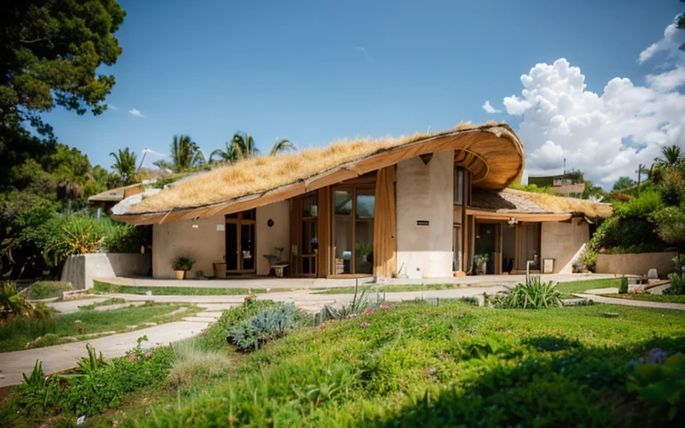 A photograph of a symmetrical contemporary house with (((one hyperbolic paraboloid green roof))) and (((biological pool))) and (((base wall rock foundation))) in a tropical backyard, high roof and long eaves, mustard yellow terracota plaster walls (((rustic clay stucco))), ((corner walls rounded)), ((rustic clay plaster)), (((terracotta walls with rounded corners, organic curves))), (((rustic earth plaster, mud))), (((hyperbolic-shaped green roof with wooden edge))), (((wooden roof structure, wooden rake, wooden fascia board))), eaves, ((roof with wooden structure)), In Bahia (((tropical garden))), ((natural houses, organic buildings, organic architecture)), ecovillage, sustainable architecture, bioconstruction architecture, solarpunk architecture, (((grass roof, green roof, green wave roof, rounded roof, vegetated roofs))), (((rock base foundation wall, foundation height 30cm, stone base wall 30cm high))), ((green architecture)), passive house, clear sky in the background, painful beauty, modern, imposing, green house, ((Bali hobbit Hadid Style)), super resolution, cinematic, color grading, editorial photography, photography, photo shoot, (((dramatic front eye top angle view))), O 50mm, depth of field, intricate details, natural colors, sharp focus, warm light, shutter speed 1/1000, F/22, White Balance, Ray Trace Reflections, Lumen Reflections, Screen Space Reflections, Diffraction Rating, Chromatic Aberration, GB Shift, Partial Lighting, Backlighting, Daylighting, Scan Lines, ambient occlusion, antialiasing, shaders, OpenGL-Shaders, GLSL-Shaders, Post-processing, post-production, shading, tone mapping, incredibly detailed and complex, hypermaximalist, elegant, hyperrealistic, super detailed, dynamic pose, Fujifilm XT