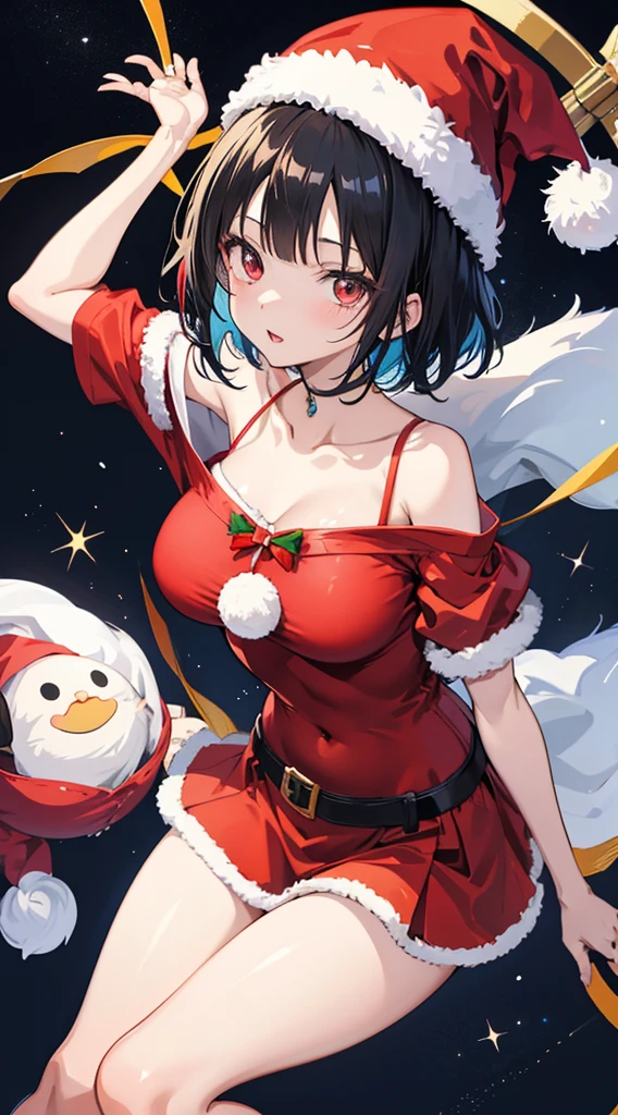 Girl with short black hair、Wearing a Santa Hat、one piece santa costume、one piece santa costumeを着た女の子がカメラを見ている、Reduce skin exposure、Top image quality、digital anime art、Colorful Digital Painting、Anime Style 8K、digital anime illustration、a beautiful anime portrait、Vibrant digital painting、詳細なdigital anime art、nightcity、Christmasの街並み、Christmas、