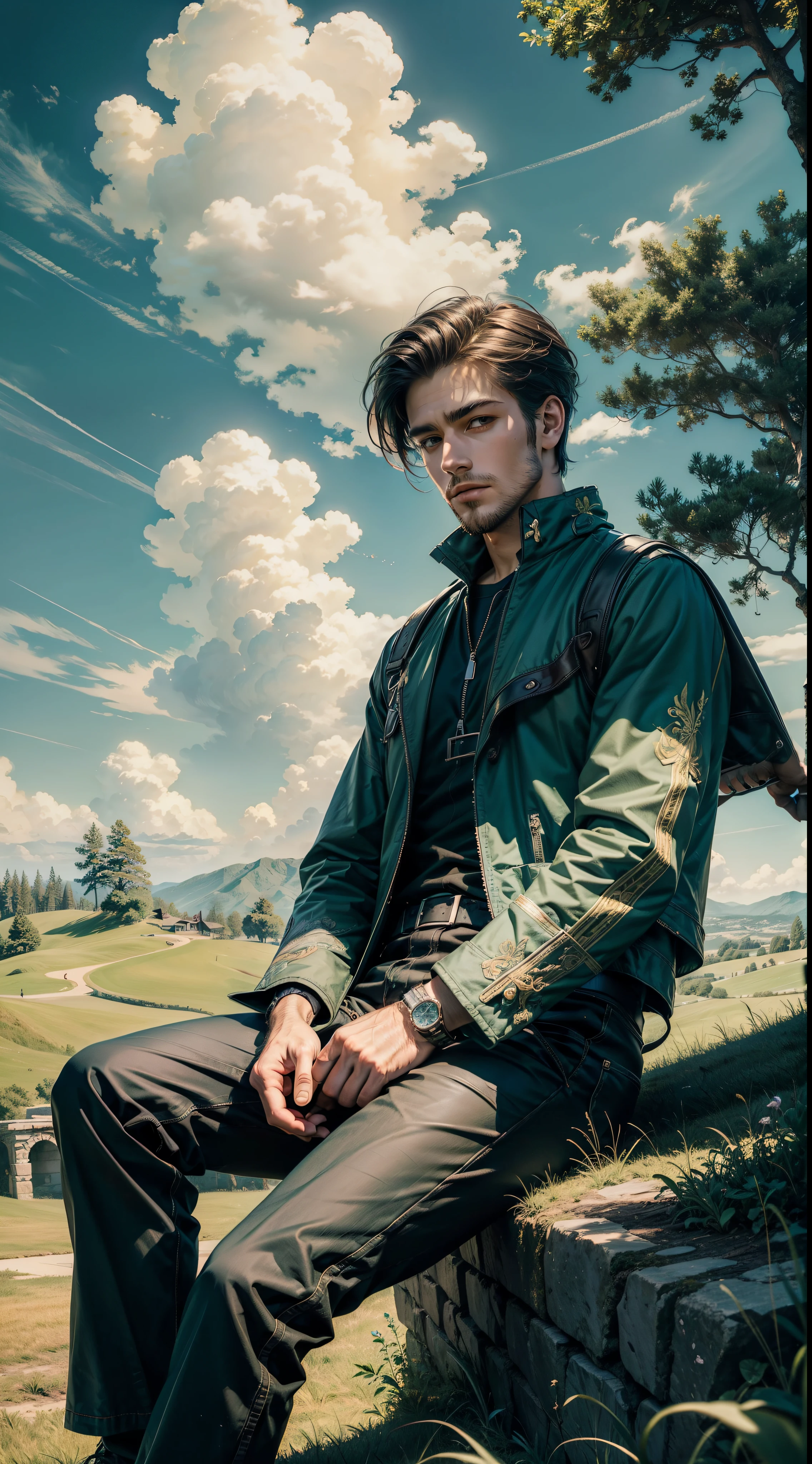 A handsome men sitting at the hill filled with beautiful grass while watching the sky, beautiful cloud, (very detailed), (masterpiece), (beautiful art), (amazing illustrations), dark green eyes