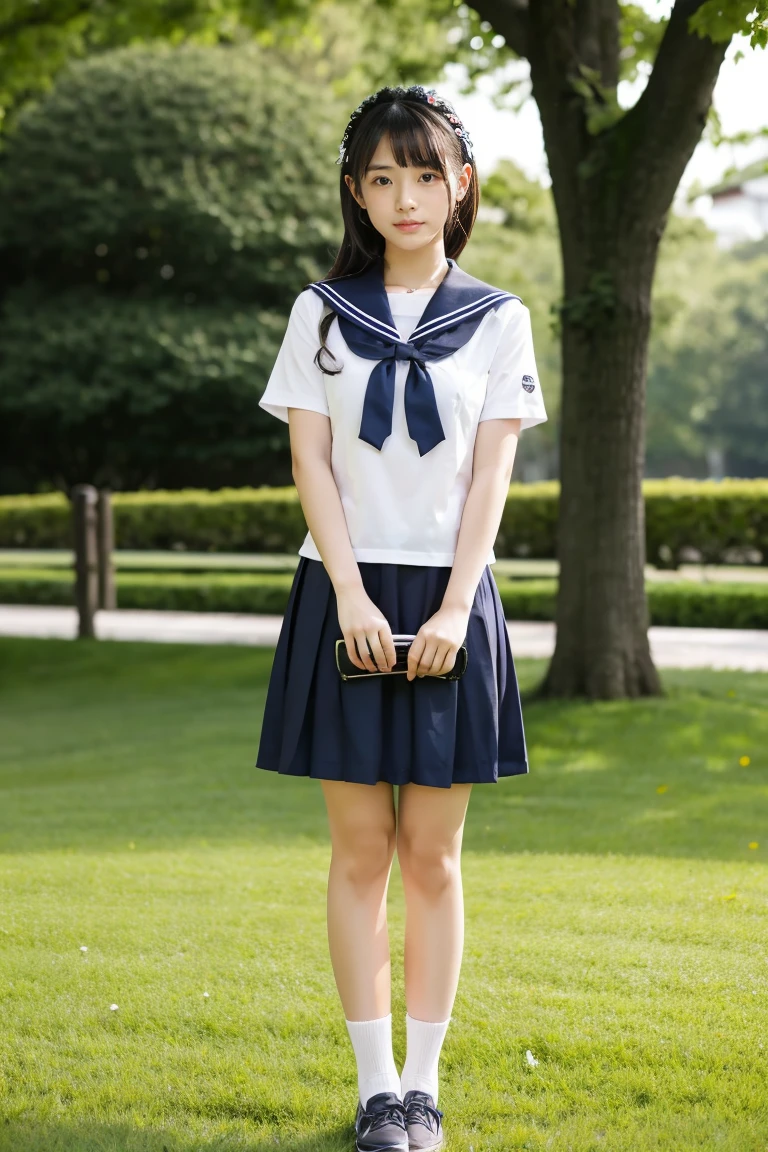 lawn、((Two beautiful Japan girls))、(((Two beautiful girls)))、Cute same school uniform、Navy blue sailor uniform、15yo student、Wistful expression、With bangs、Tall、A dark-haired、((Long skirt to hide the knees))、((long navy skirt))、early evening、the wind、Thin leg、Standing、put strength into your body、Short Bob、
