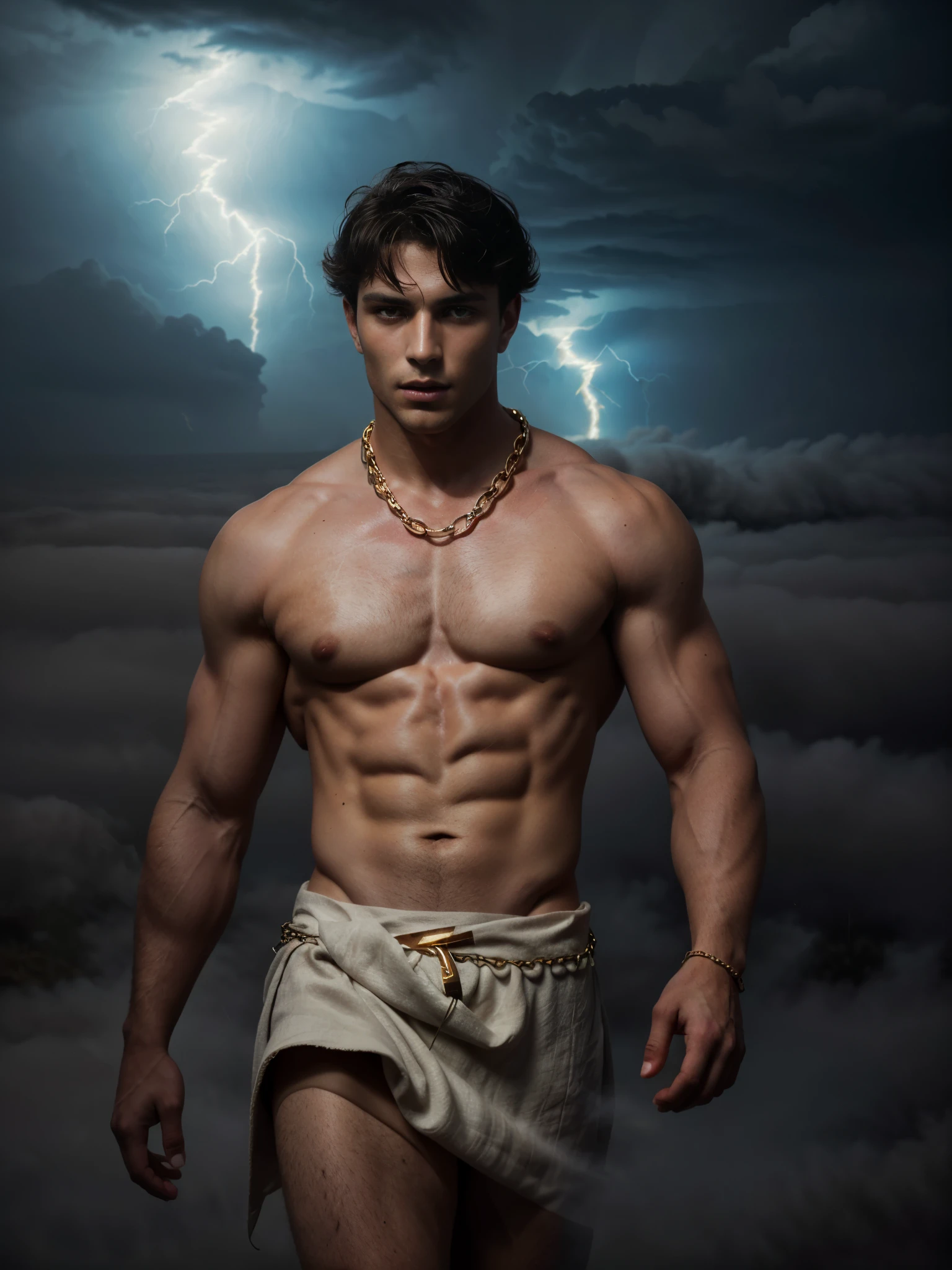 ((masterpiece)),((best quality)),8k, high detailed, ultra-detailed, Stylish Pose, real skin texture, dark cinematic lighting, 24 year-old Italian male model, (handsome italian:1.8), cute looking, divine look, powerful light blue eyes, Zeus god, god of thunder, Jupiter, godly, , bending electricity, displaying the ability to manipulate lightning, creating massive lightning, white pale skin, roman god physic, intense blue eyes, dry hair dry short brown messy hair, strong jawline, masculine, muscular, defined fit body, hairless chest, shirtless, pantless, open sea, sinister aesthetic, black storm clouds, arm bracelet. (lightning:1.6) clouds, (thunder:1.5), walking towards the camera (in the middlea thick fog:1.7), (night dark storm:1.35), barelegged, barefoot, antique linen spartan loincloth , white linen antique draped cloth skirt, (golden chain in roman skirt:1.4),,,, dim light, dark atmosphere, cinematic lighting, Depth of field, award-winning photography, elegant, hyperrealistic, octane render, unreal, high definition, 8k resolution, highly detailed, 8k uhd, professional lighting, photon mapping, radiosity, physically-based rendering