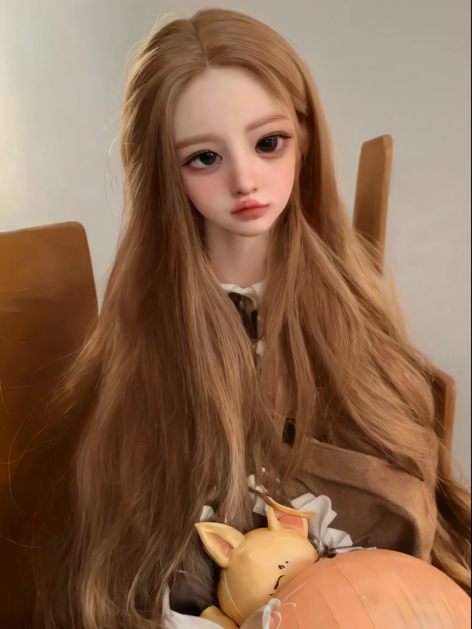 There is a doll with long hair sitting on the chair, ball jointed doll, Hyper-realistic schoolgirl, a Hyper-realistic schoolgirl, realistic school girl, Art dolls, The face is very detailed, Surreal sweet bunny, sakimicchan, kawaii realistic portrait, side up, Detailed picture, Hyper-realistic , Detailed picture, lust, bjd