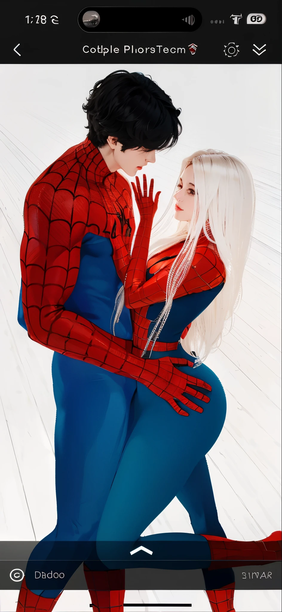 Realistic image of {Spider-Man 2099 and Gwen Stacy, naked, Action {in love}, {Neon lighting))}, smooth and smooth skin, Symmetrical face, full body, big ass, symmetry and full mouth sensualizing, human ideal, 85mm lens, f8, photography, ultra detail, Natural light, backlight, photo, studio lighting