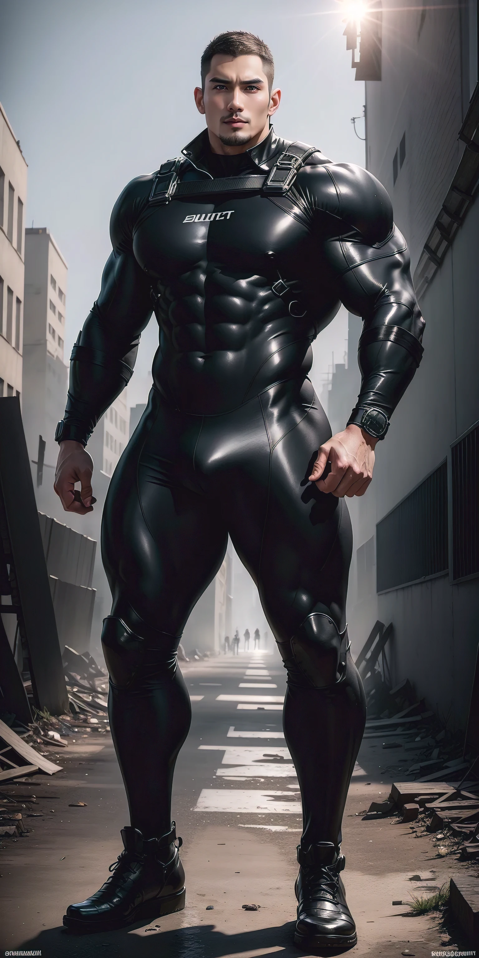 A tall, muscular man 2 meters tall opened his mouth and shouted.，He opened his mouth wide，character  design（Resident Evil - Chris Redfield，Chris Redfield）Wearing a shiny dark gray wetsuit，The whole body is wrapped，High-end leather texture，Regular symmetrical texture pattern，Standing alone in the ruins of the city in the open air, Bright sunlight shines on the body，，expression sad，A hero with deep and charming pupils，heroic masculine pose，Tall and burly，musculous！Sexy and attractive leg muscles，tall, Burly, and strong， Wearing a shiny dark gray wetsuit， Super gain and cool， commission for high resolution， Big feet in dark gray boots，Charming strong man，Bright sunlight shines on the body，Reflective and shiny