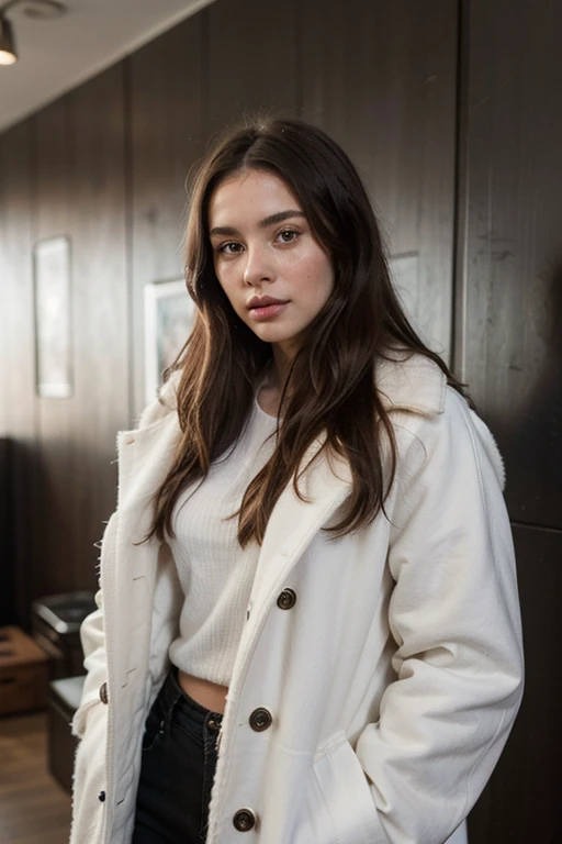 ((best quality)), ((masterpiece)), (detailed), perfect face realistic photo of beautiful woman with long dark brown hair, Russian, influencer, light freckles, dark brown eyes, big lips, no makeup, insagram, standing next to black wall, wearing sexy white fur coat