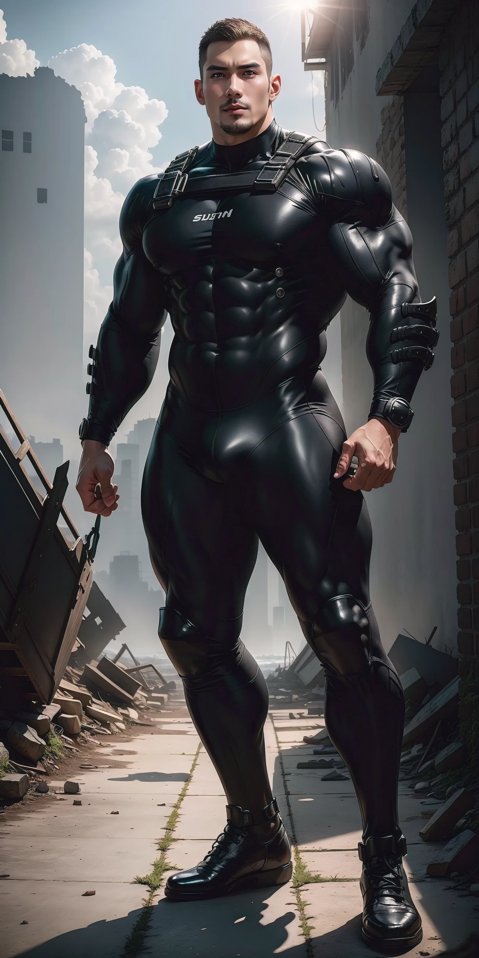 A tall, muscular man 2 meters tall opened his mouth and shouted.，He opened his mouth wide，character  design（Resident Evil - Chris Redfield，Chris Redfield）Wearing a shiny dark gray wetsuit，The whole body is wrapped，High-end leather texture，Regular symmetrical texture pattern，Standing alone in the ruins of the city in the open air, Bright sunlight shines on the body，，expression sad，A hero with deep and charming pupils，heroic masculine pose，Tall and burly，Muscular！Sexy and attractive leg muscles，tall, Burly, and strong， Wearing a shiny dark gray wetsuit， Super gain and cool， commission for high resolution， Big feet in dark gray boots，Charming strong man，Bright sunlight shines on the body，Reflective and shiny