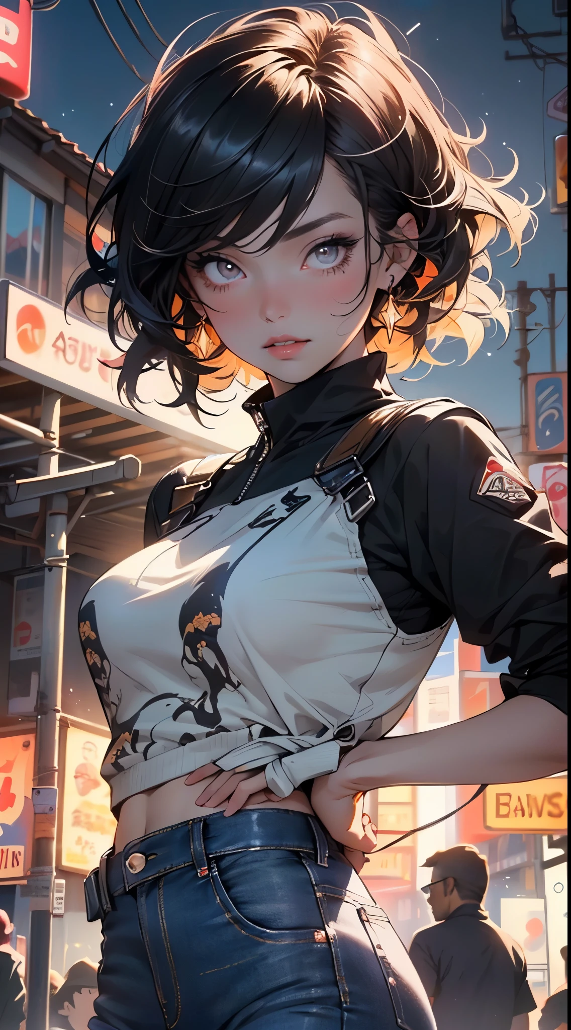 girl spacepunk,(((1girl))),((extremely cute and beautiful black curly-haired anime girl walking down the street)),
(short breasts:1.4),(((black curly hair:1.35,very curly hair,colored inner hair,ear breathing))),((brown eyes:1.3,upturned eyes:1.3,perfect eyes,bright pupils,rainbow glows ultra-detailed deep gold brown eyes:1.1,gradient eyes:1,finely detailed beautiful eyes:1,symmetrical eyes:1,big highlight on eyes:1.2)),((fat)),(((lustrous skin:1.5,bright skin: 1.5,skin tanned,shiny skin,very shiny skin,shiny body,plastic glitter skin,exaggerated shiny skin))),delicate detailed fingers,detailed body,detailed arms,human hands,detailed hands,),
cute,
(gray shirt with an orange squid print,blue denim pants),(intricate outfit,intricate clothes),
(dynamic pose:1.0),solo focus,embarrassed,centered,scale to fit dimensions,Rule of thirds,
cyberpunk city by the ocean at night, with bright neon signs and dark stormy clouds and puddles, scenery:1.25,nighttime, starry night, cosmos,Very dark night that makes the neon lights stand out, very bright neon lights,
artistic photography,(photography taken by sldr),highres, sharp focus,(ultra detailed, extremely detailed), (photorealistic artwork:1.37),(extremely detailed CG unity 8k wallpaper),((synthwave background theme)),(((vibrant colors))),intricate,(intricate background),(masterpiece),(best quality),perfect rendered face,perfect face details,realistic face,photo realistic,analog style,((intricate detail)),(((realism))),