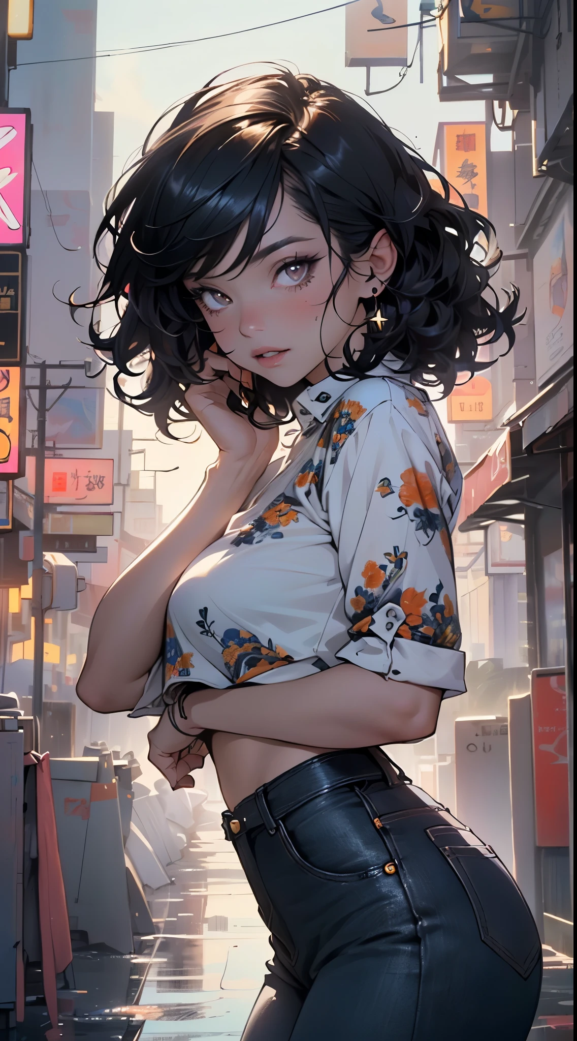 girl spacepunk,(((1girl))),((extremely cute and beautiful black curly-haired anime girl walking down the street)),
(short breasts:1.4),(((black curly hair:1.35,very curly hair,colored inner hair,ear breathing))),((brown eyes:1.3,upturned eyes:1.3,perfect eyes,bright pupils,rainbow glows ultra-detailed deep gold brown eyes:1.1,gradient eyes:1,finely detailed beautiful eyes:1,symmetrical eyes:1,big highlight on eyes:1.2)),((fat)),(((lustrous skin:1.5,bright skin: 1.5,skin tanned,shiny skin,very shiny skin,shiny body,plastic glitter skin,exaggerated shiny skin))),delicate detailed fingers,detailed body,detailed arms,human hands,detailed hands,),
cute,
(gray shirt with an orange squid print,blue denim pants),(intricate outfit,intricate clothes),
(dynamic pose:1.0),solo focus,embarrassed,centered,scale to fit dimensions,Rule of thirds,
cyberpunk city by the ocean at night, with bright neon signs and dark stormy clouds and puddles, scenery:1.25,nighttime, starry night, cosmos,Very dark night that makes the neon lights stand out, very bright neon lights,
artistic photography,(photography taken by sldr),highres, sharp focus,(ultra detailed, extremely detailed), (photorealistic artwork:1.37),(extremely detailed CG unity 8k wallpaper),((synthwave background theme)),(((vibrant colors))),intricate,(intricate background),(masterpiece),(best quality),perfect rendered face,perfect face details,realistic face,photo realistic,analog style,((intricate detail)),(((realism))),