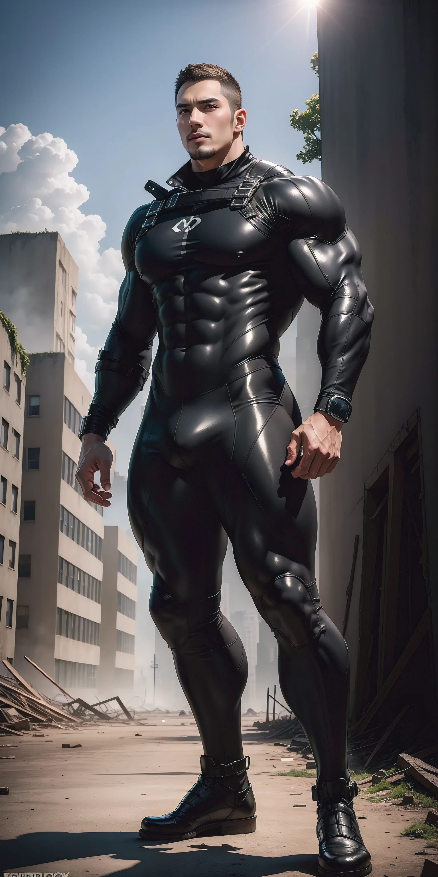 A tall, muscular man 2 meters tall opened his mouth and shouted.，Brown hair，character  design（Resident Evil - Chris Redfield，Chris Redfield）Wearing a shiny dark gray wetsuit，The whole body is wrapped，High-end leather texture，Regular symmetrical texture pattern，Standing alone in the ruins of the city in the open air, Bright sunlight shines on the body，，expression sad，A hero with deep and charming pupils，heroic masculine pose，Tall and burly，musculous！Sexy and attractive leg muscles，tall, Burly, and strong， Wearing a shiny dark gray wetsuit， Super gain and cool， commission for high resolution， Big feet in dark gray boots，Charming strong man，Bright sunlight shines on the body，Reflective and shiny