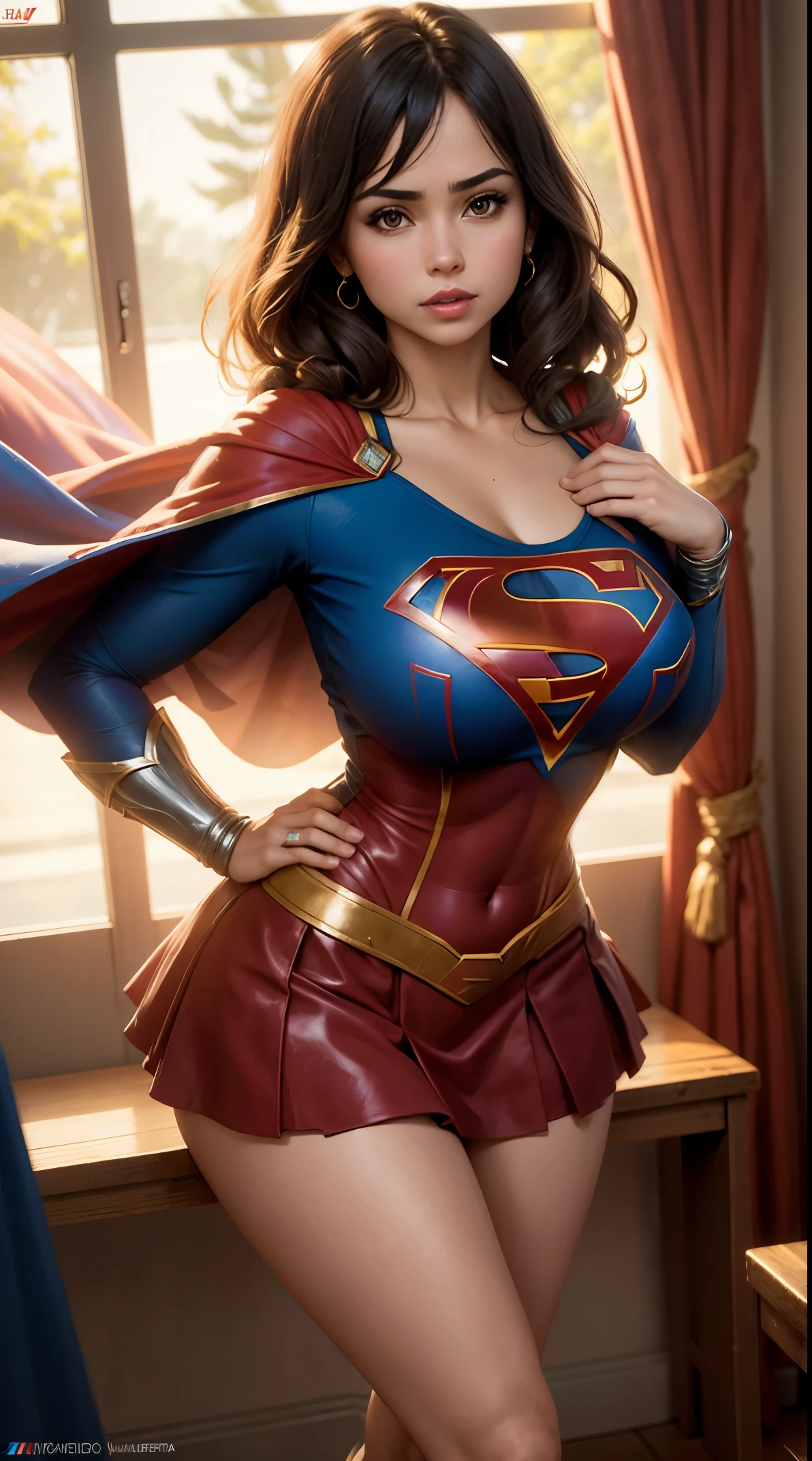 Mujer, UHD, Cuerpo de hermosa mujer con grandes senos, tetona, vestido de disfraz de Supergirl, minifalda corta, top corto, disfraz de superman,