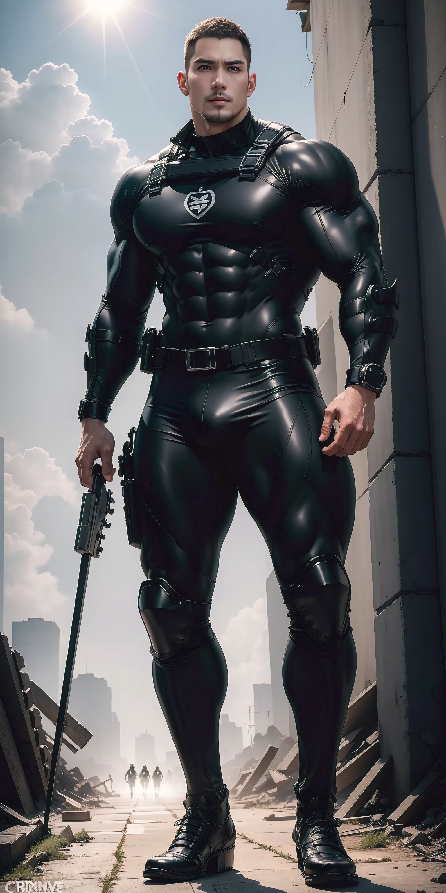 A tall, muscular man 2 meters tall opened his mouth and shouted.，Brown hair，character  design（Resident Evil - Chris Redfield，Chris Redfield）Wearing a shiny dark gray wetsuit，The whole body is wrapped，High-end leather texture，Regular symmetrical texture pattern，Standing alone in the ruins of the city in the open air, Bright sunlight shines on the body，，expression sad，A hero with deep and charming pupils，heroic masculine pose，Tall and burly，Muscular！Sexy and attractive leg muscles，tall, Burly, and strong， Wearing a shiny dark gray wetsuit， Super gain and cool， commission for high resolution， Big feet in dark gray boots，Charming strong man，Bright sunlight shines on the body，Reflective and shiny