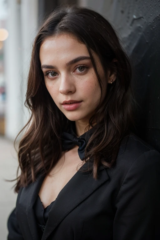 ((best quality)), ((masterpiece)), (detailed), perfect face realistic photo of beautiful woman with long dark brown hair, Russian, influencer, light freckles, dark brown eyes, big lips, no makeup, insagram, standing next to black wall, wearing sexy men tux