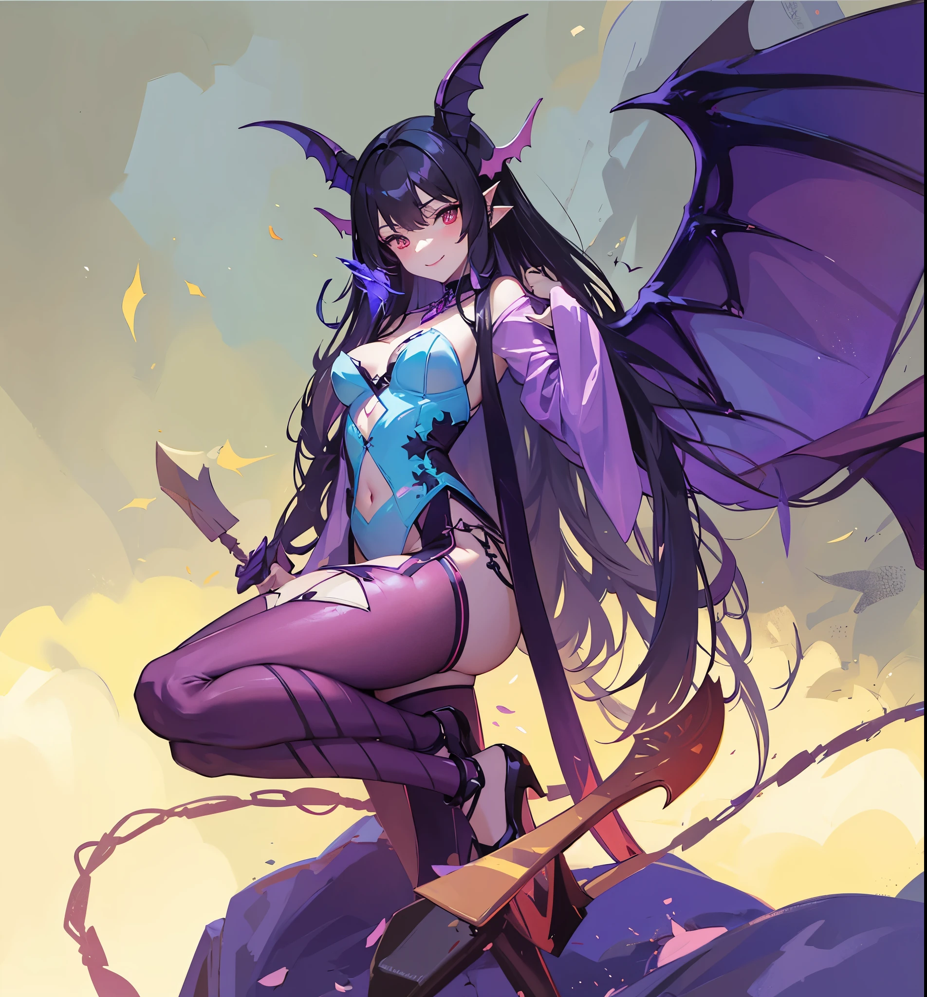 portrait,solo person,a beauty girl,Hair over the shoulder,succubi,Happy,pointy ears,goat horn,high-heels,Put your hand to your mouth,Crossed waist with one hand,Whitish skin tone,Bow collar,比基尼,grin,Magic pupil,a garter belt,The demons,The demons翅膀,Bat wings growing on the back,Crop topping,Sexy dressing,underwear,The demons尾巴,Arrow shaped tail end