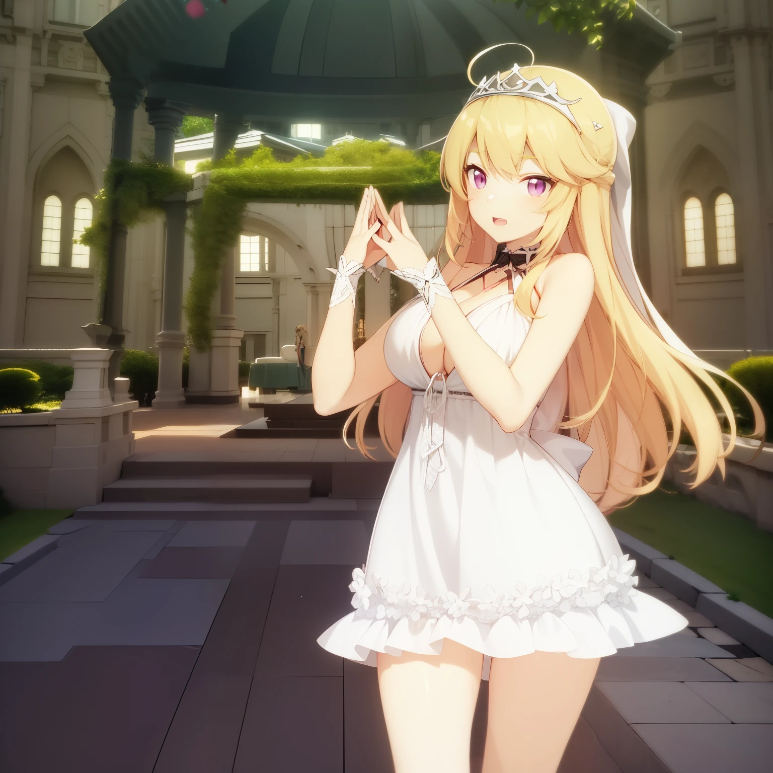 Anime girl in a white dress waving in front of the gazebo, loli in dress, Cute anime waifu in a nice dress, Smooth Anime CG Art, blonde anime girl with long hair, blonde - haired princess, anime goddess, visual novel cg, render of a cute 3d anime girl, render of april, my dress up darling anime, asunayuuki