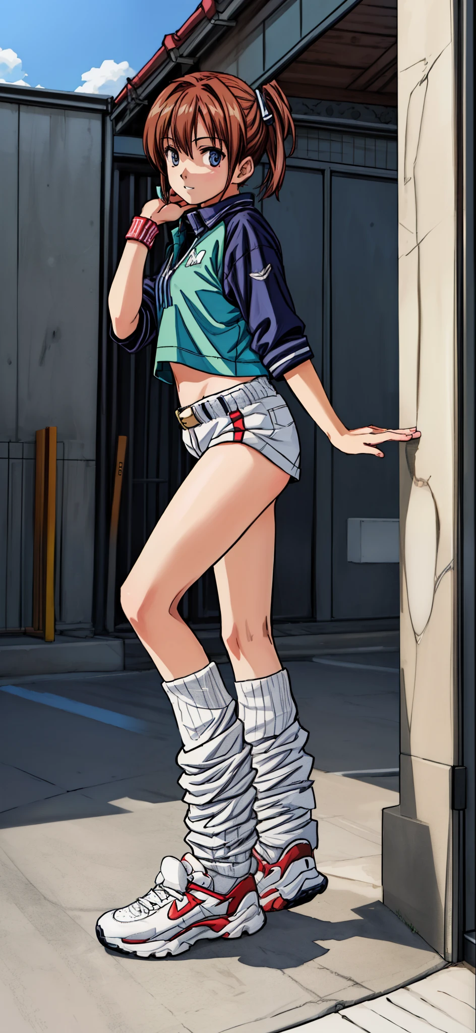 (Best Quality,4K,8K,hight resolution,masutepiece:1.2), Ultra-detailed, (Realistic,photoRealistic,photo-Realistic:1.37), meadow girl, grin,wearing a white crop top and black leggings, wristbands,White loose socks,Black sneakers,Beautiful detailed eyes, Beautiful detailed lips, extremely detailed eye and face, long eyelashes, Realistic anime 3D style, Smooth Anime CG Art, Digital rendering by Makoto Shinkai, Moe Anime Art Style, photoRealistic rendering of an anime girl, Shinkai Makoto style, Cute anime girl visuals, Realistic young anime girl, girl fan art, Created by Anime Artist'studio of.