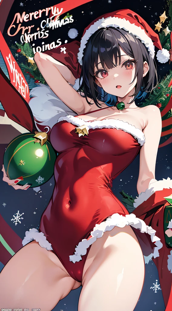 Girl with short black hair、Wearing a Santa Hat、A girl wearing a one-piece Santa costume is looking at the camera、(Reduce skin exposure:1.3)、Top image quality、digital anime art、Colorful Digital Painting、Anime Style 8K、digital anime illustration、a beautiful anime portrait、Vibrant digital painting、詳細なdigital anime art、nightcity、(Christmasの街並み:1.5)、Christmas、