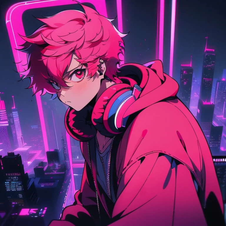 (short-cut), (Two-block hair), (vivid pink hair), (male character), (Red Eyes), (Cool pose), (of the highest quality), (masterpiece), (ultra-detailliert), (Oversized hoodies), (Street), (neons), (Camera from a down angle), (Modern City), (neonsデイライト), (Cinematic), (Stylish), (hight resolution), (Hyper Detailed), (Looking at the camera), (Anime-style), (Softtown), (nightcore), (a handsome man), (Listening to music through headphones), (natural appearance of the building), (casual), (ig studios anime style), (Super beautiful angle of view),