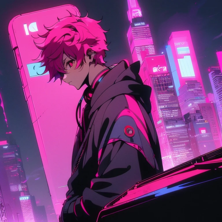 (short-cut), (Two-block hair), (vivid pink hair), (male character), (Red Eyes), (Cool pose), (of the highest quality), (masterpiece), (ultra-detailliert), (Oversized hoodies), (Street), (neons), (Camera from a down angle), (Modern City), (neonsデイライト), (Cinematic), (Stylish), (hight resolution), (Hyper Detailed), (Looking at the camera), (Anime-style), (Softtown), (nightcore), (a handsome man), (Listening to music through headphones), (natural appearance of the building), (casual), (ig studios anime style), (Super beautiful angle of view),