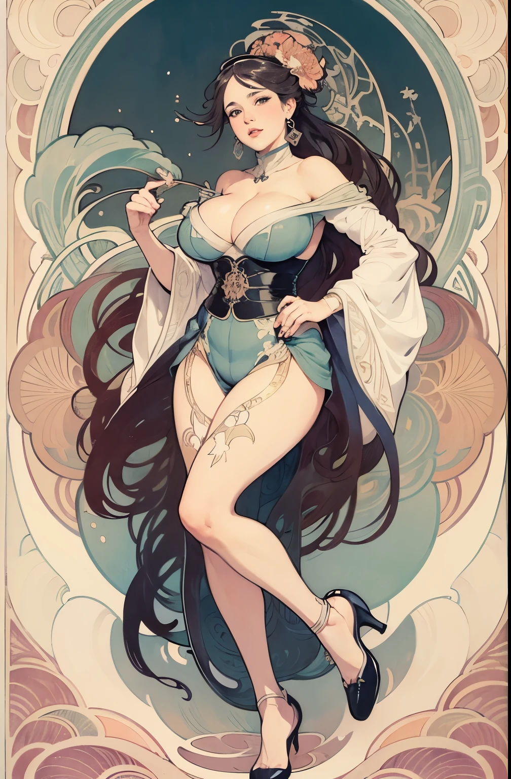 ((masterpiece)), (best quality), (cinematic), ,1girl, older_female, cougar_(mature), gigantic_breasts, chubby, plump, framed_breasts, beautiful eyes, long thick eyelashes, cleavage, full lips, long thick hair, bangs, round face, chubby_female, curvy_figure, high ponytail, accessories, byzantine_fashion, semi naked, pantie_flash, high_resolution, high pump heels, wind, art_nouveau, Art Nouveau by Alphonse Mucha
,Cute Ukiyo-e