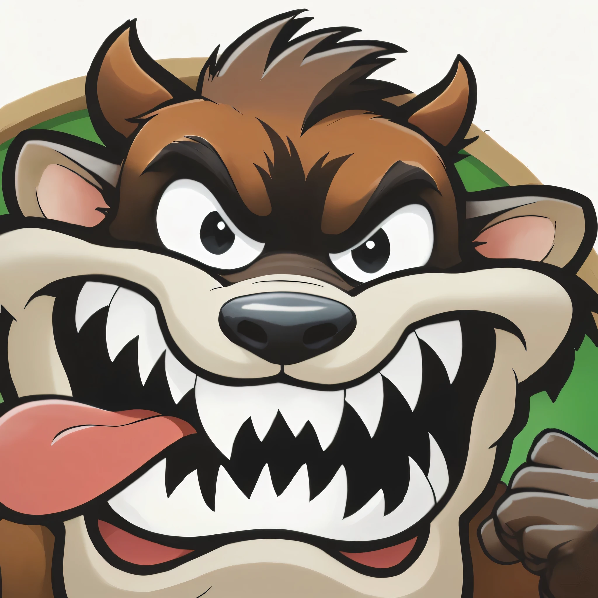 Cartoon image of a dog with a big mouth and tongue, Maskottchen-Illustration, Cel schattierte Vektorgrafik, Crash-Bandicoot-Artstyle, round teeth and silly face, Anthro Wolf Gesicht, Vollfarbige Illustration, Portrait of a retarded wolf, Ein anthropomorpher Wolf, Illustration im Karikaturstil, Cartoon-Schattierung, Art for mobile games, Digitale Vollfarbillustration