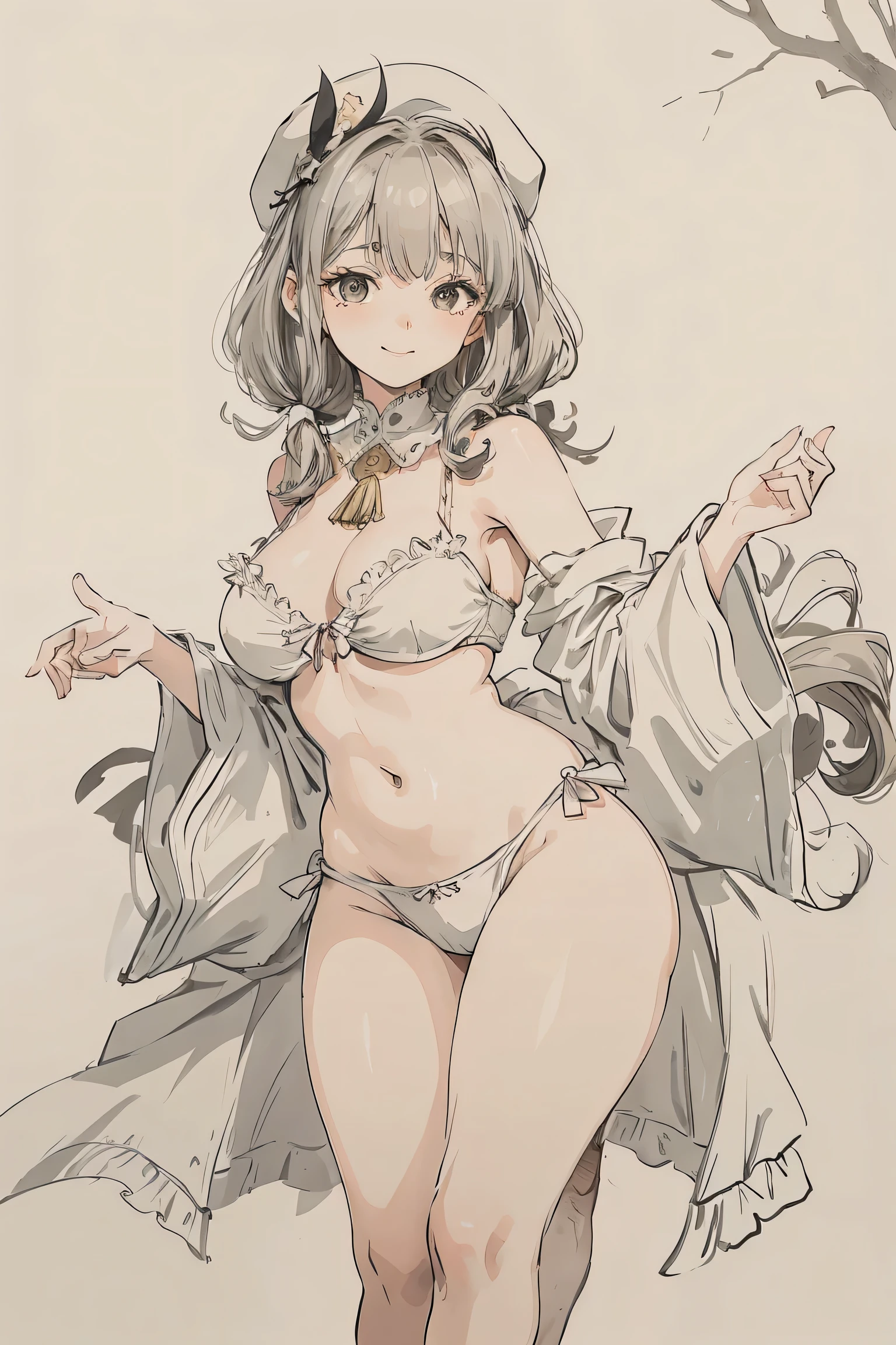 sparrow, a silver haired girl, wearing a arabian dancer clothes, curly medium hair, hair, arabian dancer style with ruffles on the shoulders, slim body, naughty face, naughty smile, white beret, medium breasts, she close her left eye, white bra, white panties, doggystyle