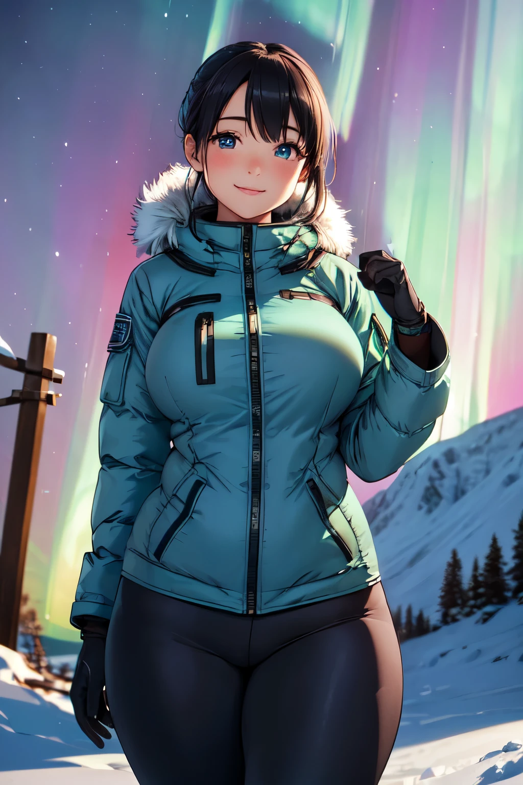 (High quality, High resolution, Fine details), Realistic, (aurora:1.4), (arctic clothing:1.4), Thermal Pants, gloves, solo, curvy women, sparkling eyes, (Detailed eyes), smile, blush, Oily skin, shallow depth of field