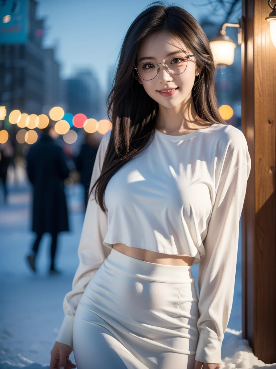 official art, unity 8k wallpaper, good detailed, beautiful and aesthetic, beautiful, masterpiece, best quality, Calming Palette, Tranquil Mood, Soft Shading, pastel color, 1girl, solo,__body-parts__,__on-off__,__hairstyles__, (smile), eye-glasses, shirt, blouse, long skirt, edgy pose, contrapposto, trendy, stylish, cute, intricate background, outdoors, christmas, december, snow, night, party
