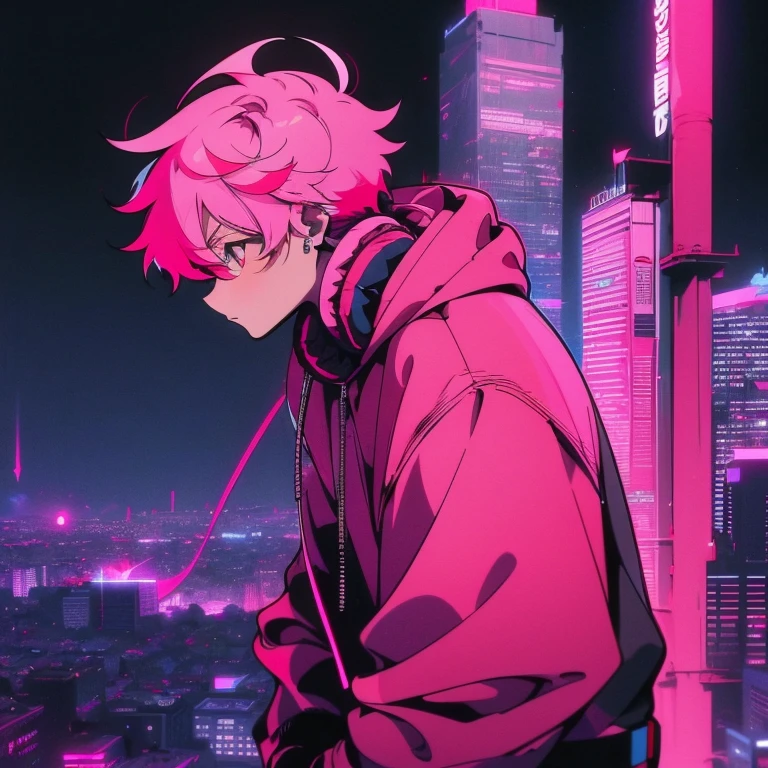 (short-cut), (Two-block hair), (vivid pink hair), (male character), (Red Eyes), (Cool pose), (of the highest quality), (​masterpiece), (ultra-detailliert), (Oversized hoodies), (Street), (neons), (Camera from a down angle), (Modern City), (neonsデイライト), (Cinematic), (Stylish), (hight resolution), (Hyper Detailed), (Looking at the camera), (Anime-style), (Softtown), (nightcore), (a handsome man), (Listening to music through headphones), (natural appearance of the building), (casual), (ig studios anime style), (Super beautiful angle of view),