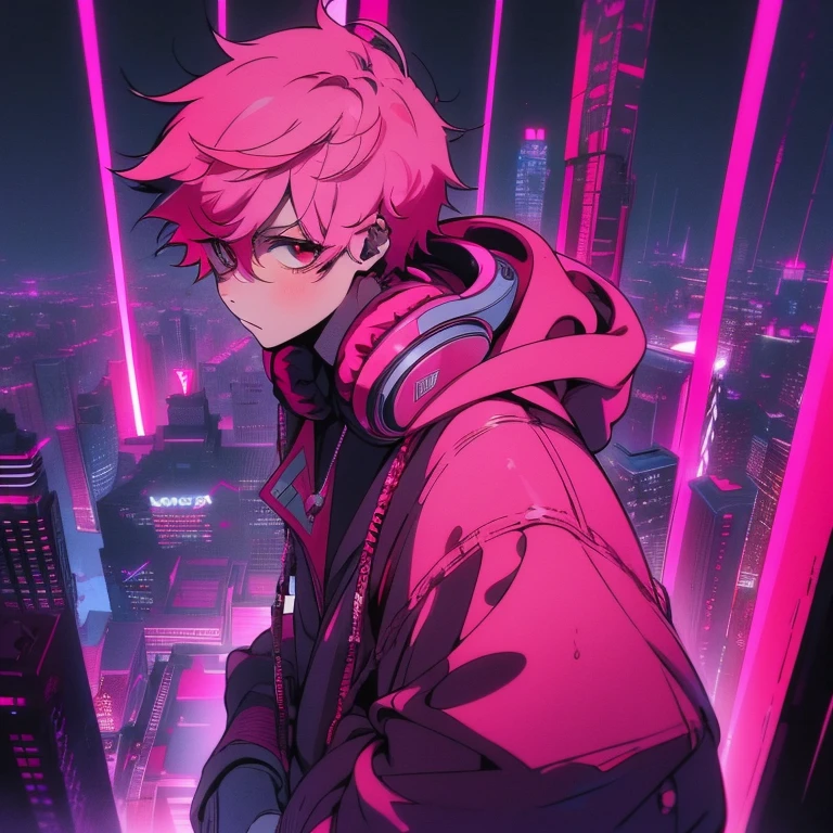 (short-cut), (Two-block hair), (vivid pink hair), (male character), (Red Eyes), (Cool pose), (of the highest quality), (masterpiece), (ultra-detailliert), (Oversized hoodies), (Street), (neons), (Camera from a down angle), (Modern City), (neonsデイライト), (Cinematic), (Stylish), (hight resolution), (Hyper Detailed), (Looking at the camera), (Anime-style), (Softtown), (nightcore), (a handsome man), (Listening to music through headphones), (natural appearance of the building), (casual), (ig studios anime style), (Super beautiful angle of view),