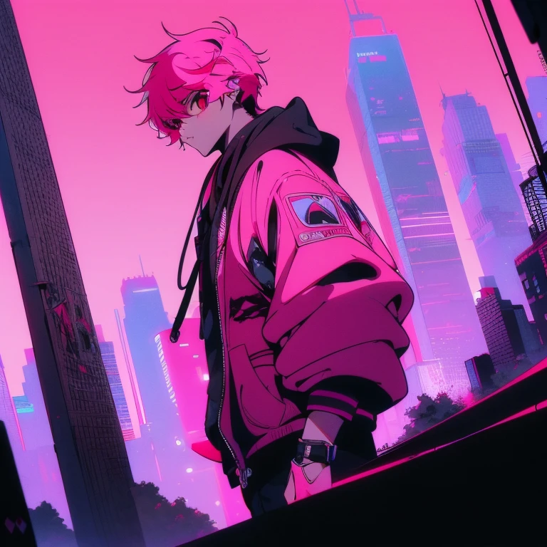 (short-cut), (Two-block hair), (vivid pink hair), (male character), (Red Eyes), (Cool pose), (of the highest quality), (masterpiece), (ultra-detailliert), (Oversized hoodies), (Street), (neons), (Camera from a down angle), (Modern City), (neonsデイライト), (Cinematic), (Stylish), (hight resolution), (Hyper Detailed), (Looking at the camera), (Anime-style), (Softtown), (nightcore), (a handsome man), (Listening to music through headphones), (natural appearance of the building), (casual), (ig studios anime style), (Super beautiful angle of view),