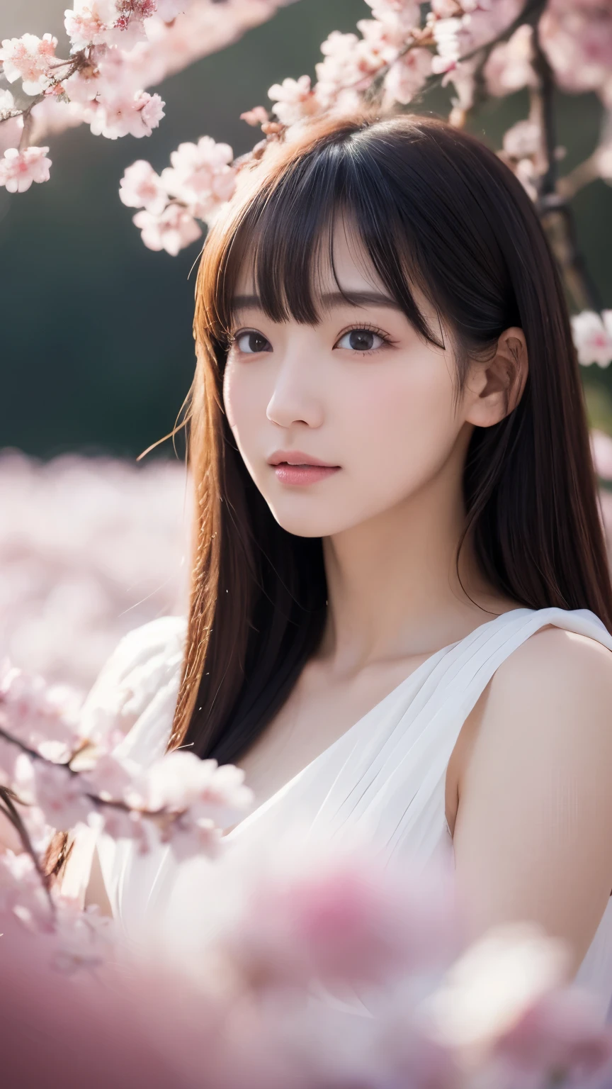 (A logo、masterpiece、8K、masutepiece、Raw photo、Fantastic、Best Quality、フォトリアリスティックでighly detailedな CG 統合 8k 壁紙、hightquality、ighly detailed、epic poem、Particle effect、Dynamic effects、depth of fields、Cinematic Light、Lens Flare、Ray tracing)、Fantasia、 (Beauty 1 person、doress、Dress、Cherry blossom pattern、A dark-haired、Beautiful face、Real Face、beautiful details eyes beautiful skin)、髪がthe windで踊る、Hair flutters in the wind、Hair jumps、Pink cherry blossom tree、Petals flutter、Sakura blizzard、Superb view、morning glow、Sun in the background、the wind、