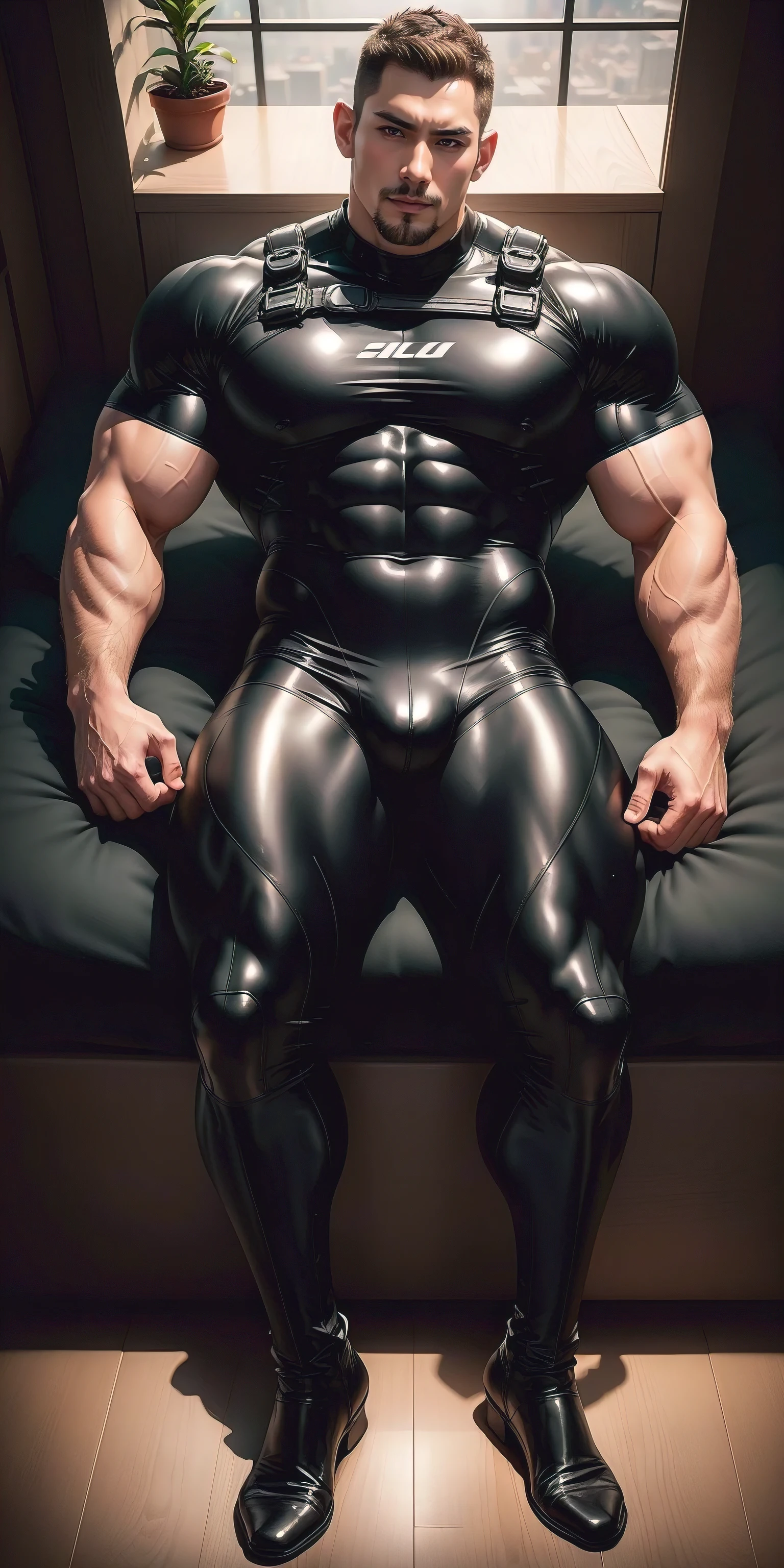 tall, Muscular man sleeping and lying down,senior police officer,character design(Resident Evil - Chris Redfield,Chris Redfield)Wearing a shiny ginger wetsuit,High leather texture,Regular symmetrical texture pattern,Sleep in a luxurious bedroom, Comfortable and soft large sofa,expression sad,The male protagonist with a deep and charming brown pupil in his right eye,heroic masculine pose,tall and burly,Muscular!Sexy and attractive leg muscles,tall, Burly, and strong, Wearing a shiny ginger wetsuit, Super gain and cool, commission for high resolution, Big feet wearing dark black boots,Charming strong man,Bright sunlight shines on the body,Reflective and shiny