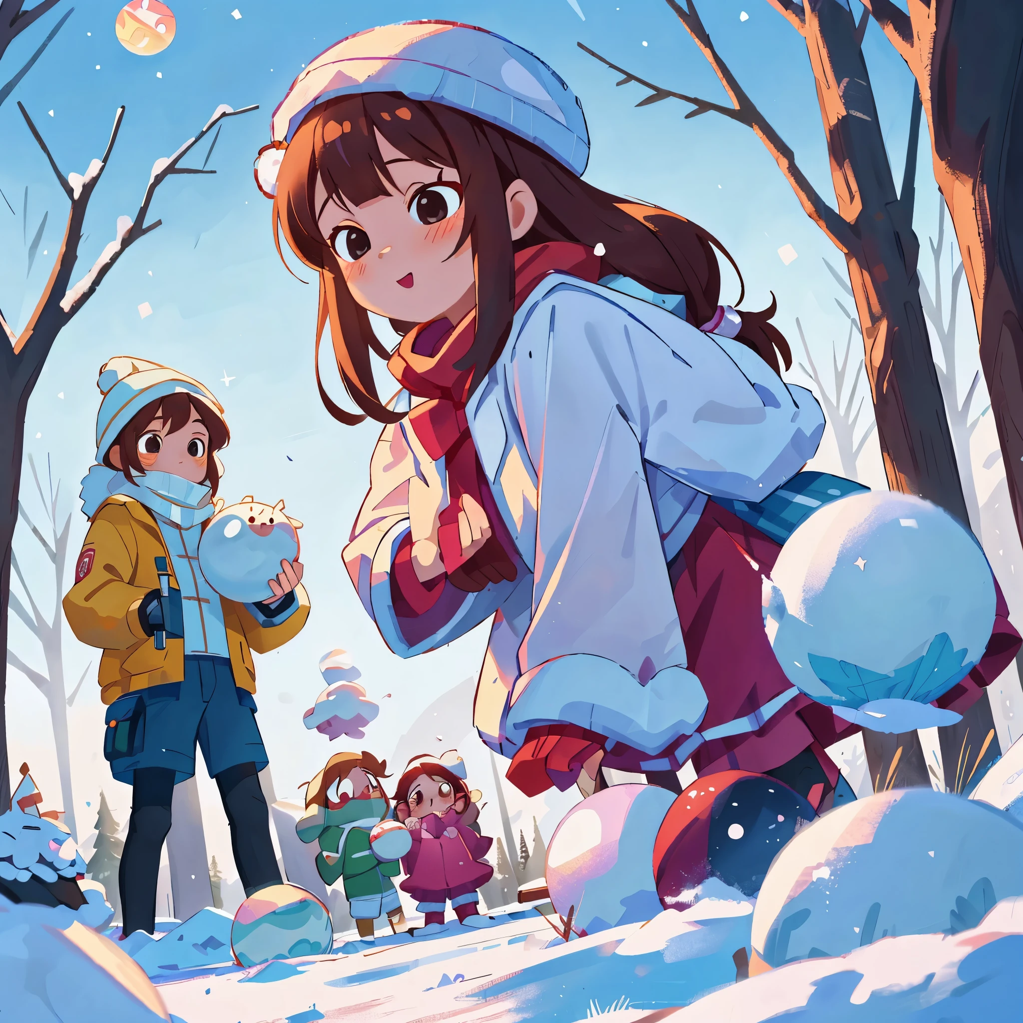 tmasterpiece,Best quality,1 little girl 5、for 6 years old,little boys 5、for 6 years old,those little girls 5、for 6 years old,parks,snowball fight,It was cold,winter solstice