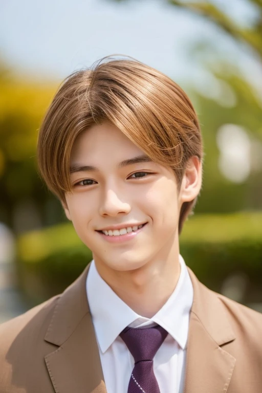 male,center parts,forehead,beautiful young man,japan america mix,,like a girl,orange blond hair,light brown eyes,gray shirts,white necktie,from front,double eyelids,smile
