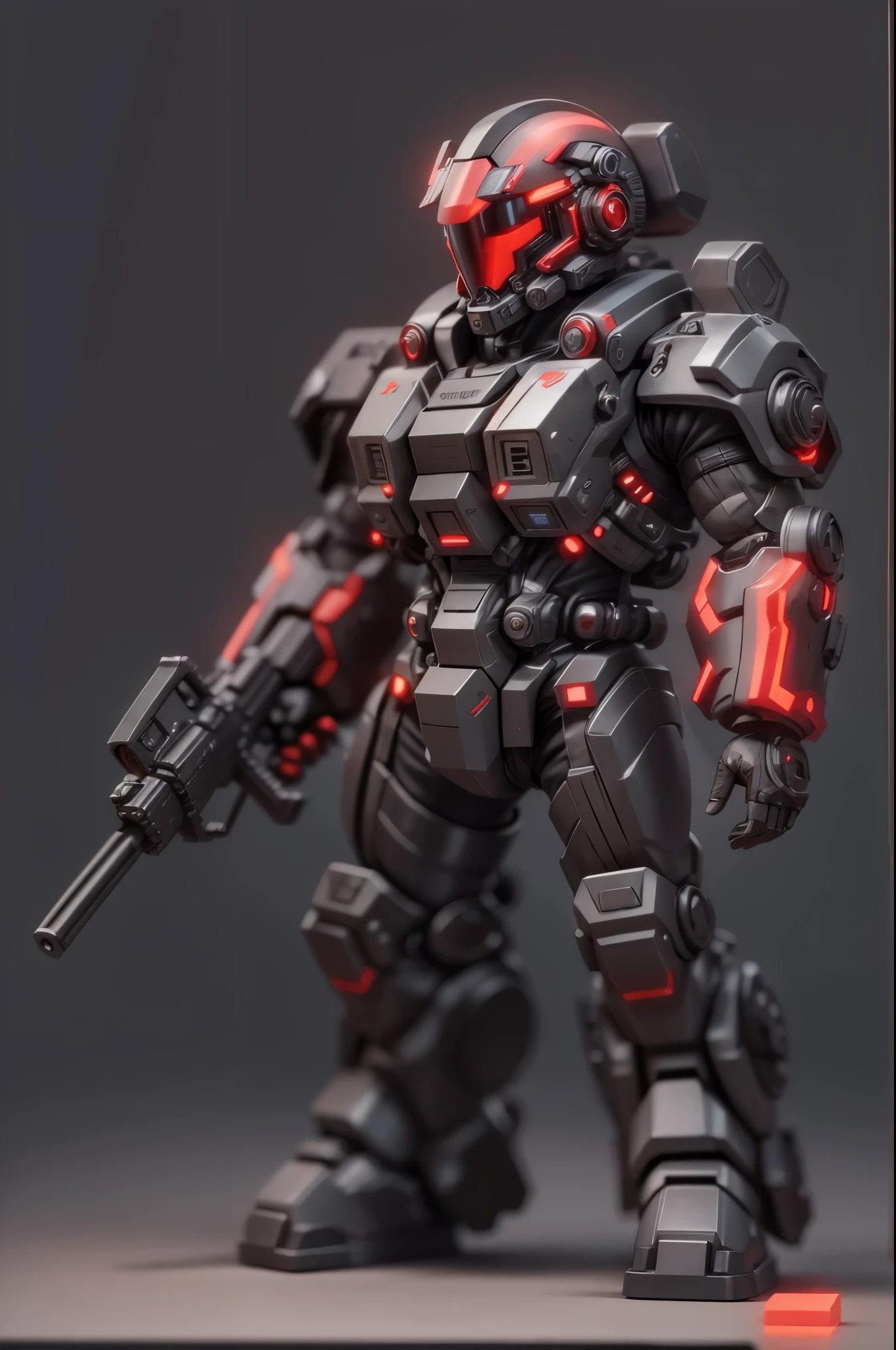 (Blind box toy style:1.2), (Full body shot) , 1 cute fat metal male machine gunner, Metal mech,Metal opaque helmet, cyber punk perssonage, dreamy glow, Clean, Black draft,Red and black style, ( Global illumination, Ray traching, hdr, unreal render,reasonable design, high detal, Masterpiece, Best quality, hyper HD, Cinematic lighting)
