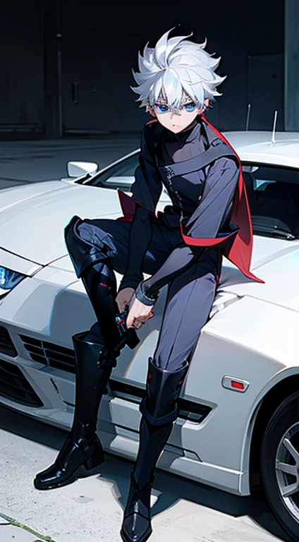 killua zoldyck anime character, white hair, blue eyes, wearing a black suit, sitting on the car, holding a handphone, with a sharp gaze