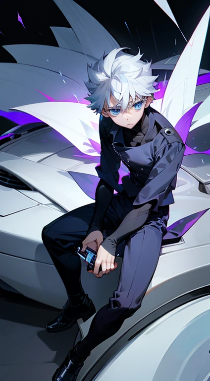 killua zoldyck anime character, white hair, blue eyes, wearing a black suit, sitting on the car, holding a handphone, with a sharp gaze