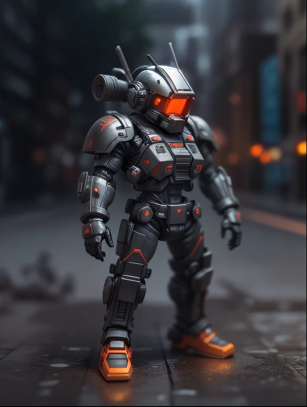 (Blind box toy style:1.2), (Full body shot) , 1 cute fat metal male machine gunner, Metal mech，Metal opaque helmet, cyber punk perssonage, dreamy glow, Clean, Black draft,Red and black style， ( Global illumination, Ray traching, hdr, unreal render,reasonable design, high detal, Masterpiece, Best quality, hyper HD, Cinematic lighting)