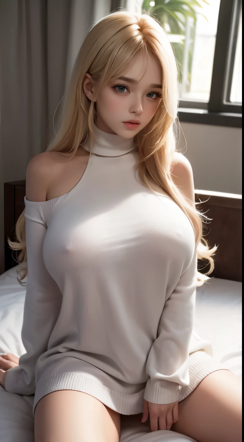 Ahoge, Covered eyed bangs, curly hair, (Child face, virgin face, Masterpiece, High resolution, 8k, 1 girl, ultra Detailed, Fine skin, white skin, Brighten the subject, cinematic lights, beautiful face, Detailed eyes, lip gloss), (((Detailed anatomy))), blonde hair, curly hair, long hair, Wavy hair, Messy hair, Blue eyes, (slender body), (((Natural big tits))), photography, (focus upper body), (Blushed face:1.3), looking at viewer, Wearing a white knit long sleeve, Wearing a white knit long sleeve, Bare neck, Bare shoulder and neck, blonde hair, curly hair, long hair, Wavy hair, Messy hair, seduction, sitting on bed, Spread up her legs wide, Spread up her legs wide, Spread up her legs wide, Bare pussy, Bare pussy, Vissible nipples under clothes, Vissible nipples under clothes,