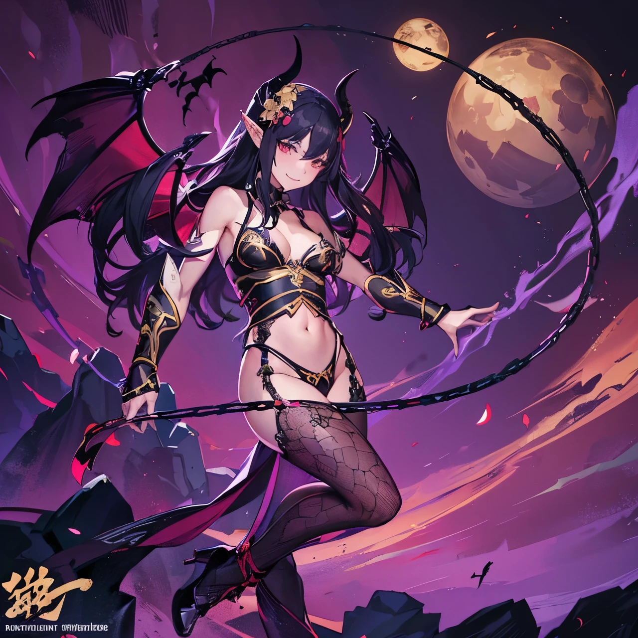 portrait,solo person,a beauty girl,Hair over the shoulder,succubi,Happy,pointy ears,goat horn,high-heels,Put your hand to your mouth,Crossed waist with one hand,Whitish skin tone,Bow collar,比基尼,grin,Magic pupil,a garter belt,The demons,The demons翅膀,Bat wings growing on the back,Crop topping,Sexy dressing,underwear,The demons尾巴,Arrow shaped tail end