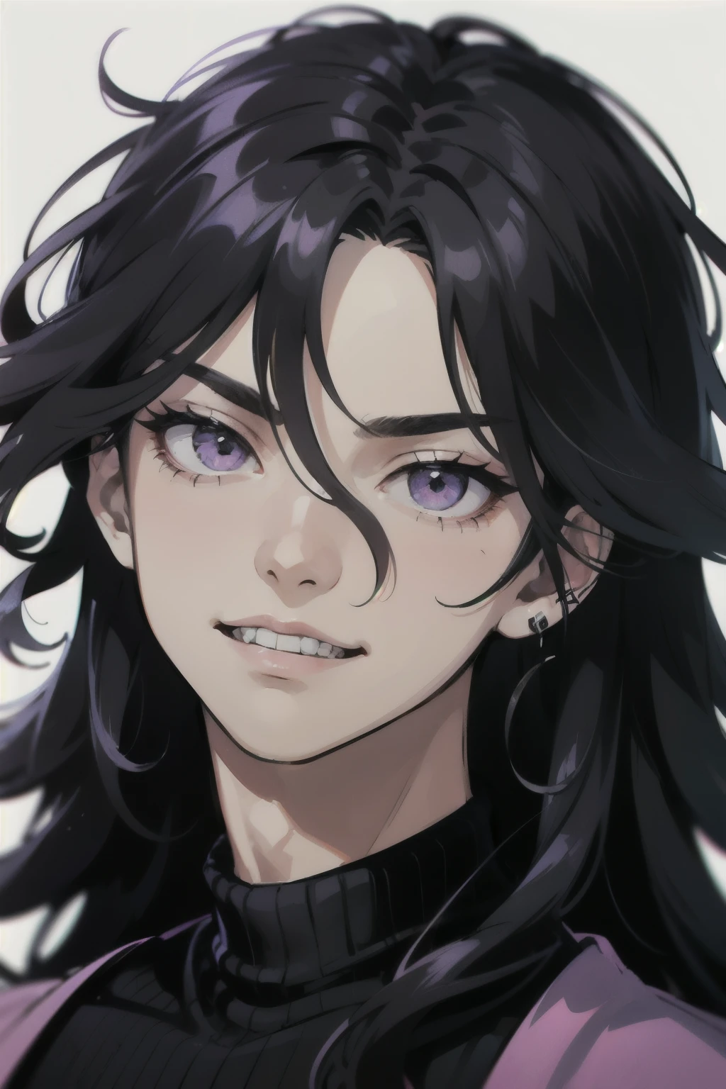 A teenage boy with long, wavy black hair, piercing violet eyes, wearing a black sweater, gazes at the viewer with a psychotic facial expression, sporting a sinister smile and baring his teeth, against a blank white background.