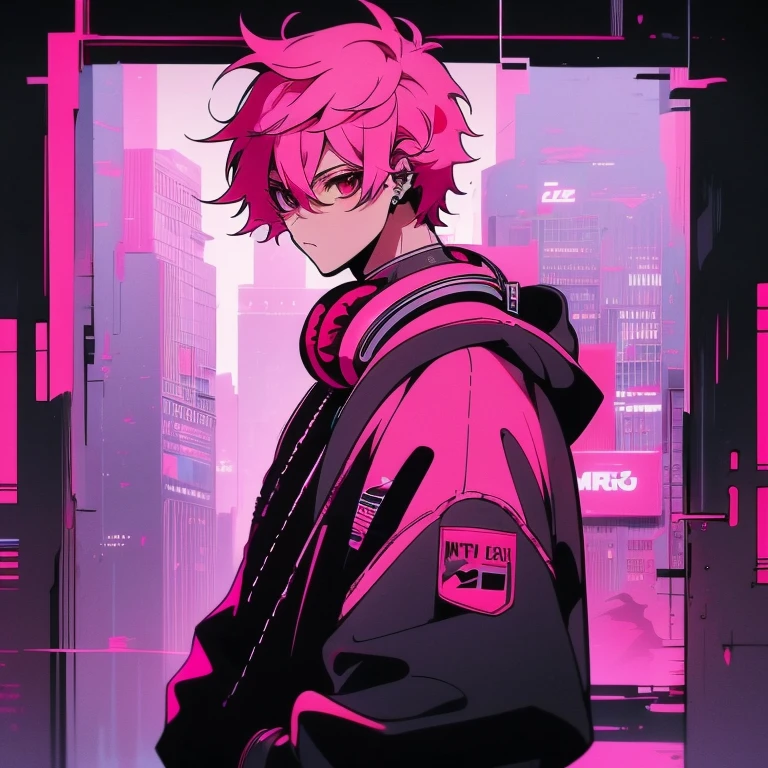 (short-cut), (Two-block hair), (vivid pink hair), (male character), (Red Eyes), (Cool pose), (of the highest quality), (​masterpiece), (ultra-detailliert), (Oversized hoodies), (Street), (neons), (Camera from a down angle), (Modern City), (neonsデイライト), (Cinematic), (Stylish), (hight resolution), (Hyper Detailed), (Looking at the camera), (Anime-style), (Softtown), (nightcore), (a handsome man), (Listening to music through headphones), (natural appearance of the building), (casual), (ig studios anime style), (Super beautiful angle of view),