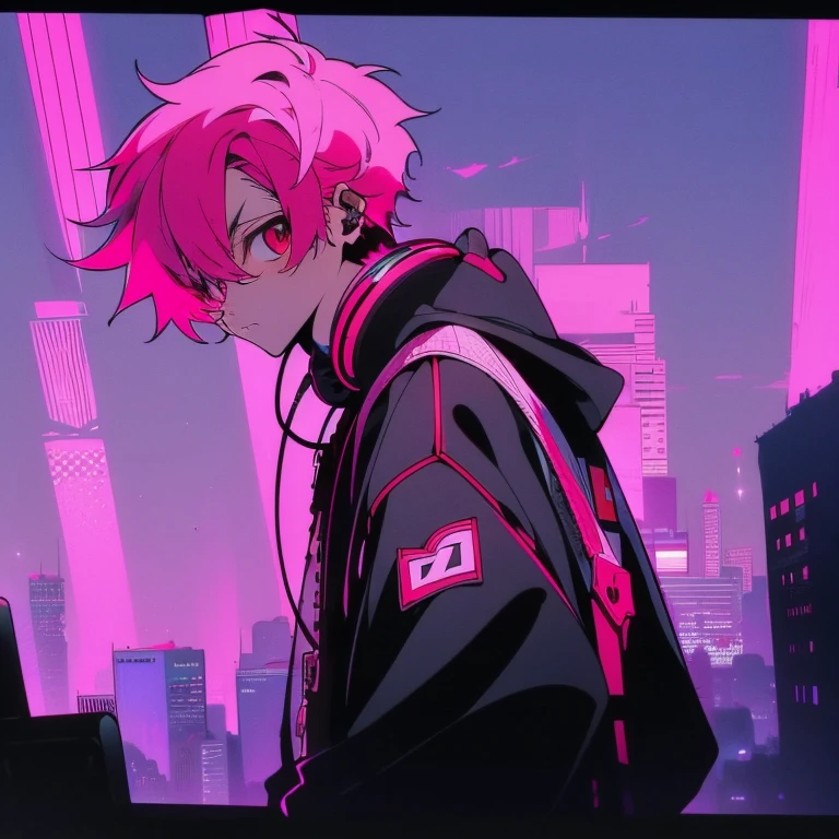 (short-cut), (Two-block hair), (vivid pink hair), (male character), (Red Eyes), (Cool pose), (of the highest quality), (masterpiece), (ultra-detailliert), (Oversized hoodies), (Street), (neons), (Camera from a down angle), (Modern City), (neonsデイライト), (Cinematic), (Stylish), (hight resolution), (Hyper Detailed), (Looking at the camera), (Anime-style), (Softtown), (nightcore), (a handsome man), (Listening to music through headphones), (natural appearance of the building), (casual), (ig studios anime style), (Super beautiful angle of view),